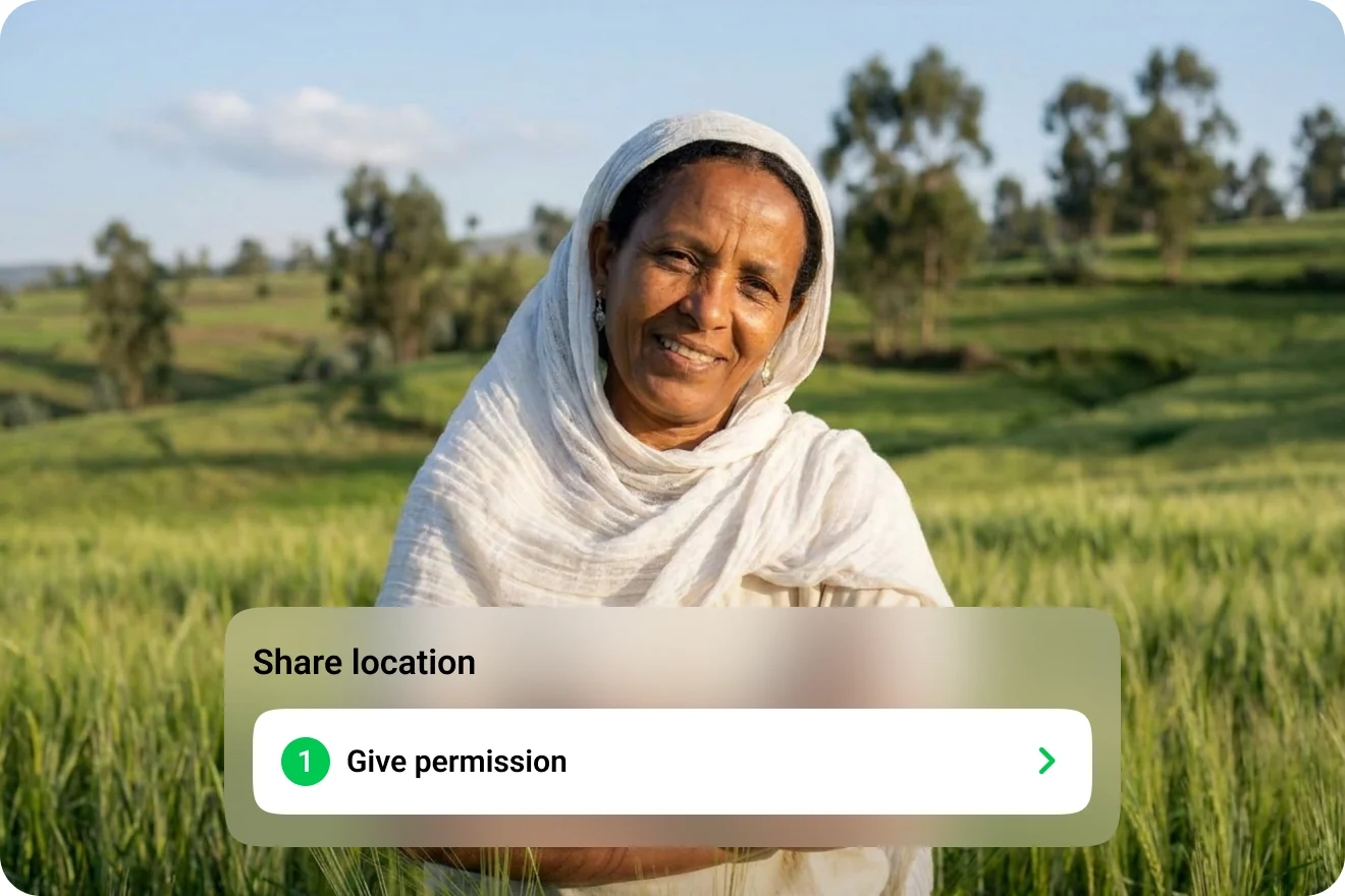 A farmer in a field with FarmerChat's share-location prompt overlaid.