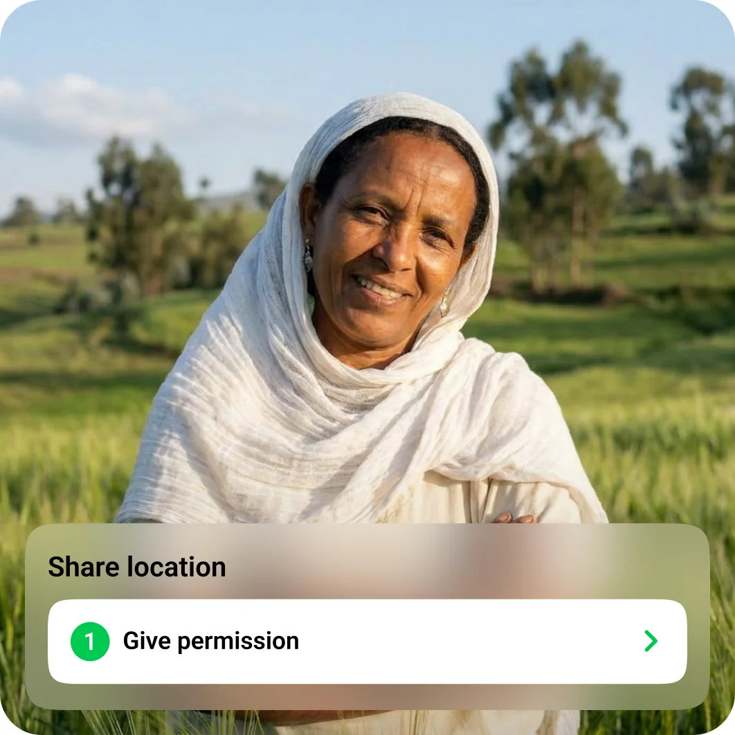 A farmer in a field with FarmerChat's share-location prompt overlaid.